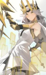 Rule 34 | 1girl, absurdres, arm armor, cape, cowboy shot, dress, earrings, floating cape, gradient background, grey hair, headgear, highres, holding, holding polearm, holding weapon, jewelry, knowname, long hair, looking at viewer, parted lips, polearm, queen (to be hero x), queen (tubian yingxiong), sleeveless, sleeveless dress, solo, spear, to be hero, to be hero x, twitter username, weapon, white cape, white dress, yellow eyes