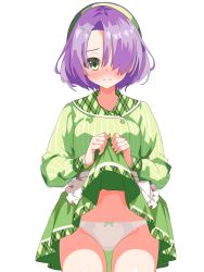 1girl 3: apron blush bow bow_panties buttons cafe_stella_to_shinigami_no_chou closed_mouth clothes_lift cowboy_shot double-breasted embarrassed frilled_apron frills furrowed_brow green_bow green_eyes green_hairband green_shirt green_skirt hair_ornament hair_over_one_eye hairband hairclip hands_up highres hiuchidani_mei lifting_own_clothes long_bangs long_sleeves looking_at_viewer nose_blush official_alternate_costume one_eye_covered panties parallel_hairclips plaid_clothes plaid_collar presenting puffy_long_sleeves puffy_sleeves purple_hair shirt short_hair simple_background skirt skirt_lift solo split_mouth straight-on striped_clothes striped_shirt underwear vertical-striped_clothes vertical-striped_shirt waist_apron waitress white_apron white_background white_panties yokoshima_akunusu