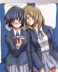 Rule 34 | 2girls, black eyes, black hair, blush, book, brown hair, extra, faith (sbi), k-on!, long hair, multiple girls, open book, reading, school uniform, short hair, sitting, sleeping, sleeping upright, sunahara yoshimi, tachibana himeko, yuri