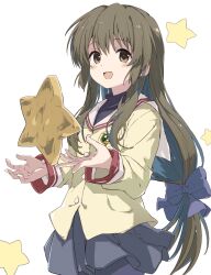 Rule 34 | 1girl, :d, black shirt, black skirt, blue bow, blush, bow, brown eyes, brown hair, buttons, clannad, cowboy shot, floating, hair between eyes, hair bow, highres, ibuki fuuko, long hair, long sleeves, looking at viewer, low-tied long hair, miniskirt, open hands, open mouth, pleated skirt, rauto, sailor collar, school uniform, serafuku, shirt, simple background, skirt, sleeve cuffs, smile, solo, star (symbol), undershirt, white background, white sailor collar, yellow shirt