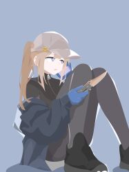 absurdres baseball_cap black_pantyhose black_shirt blonde_hair blue_background blue_eyes blue_gloves blue_jacket brown_hat girls&#039;_frontline gloves hat highres jacket looking_at_viewer pantyhose ponytail scar-h_(girls&#039;_frontline) shell_81mm shirt simple_background thighs