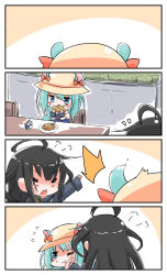 2girls 4koma ^^^ ahoge animal_ears arm_up azur_lane black_hair black_shirt blue_dress blush_stickers chair chibi closed_eyes comic crossover dress eating flying_sweatdrops food green_eyes green_hair handkerchief hat highres historical_name_connection kantai_collection long_hair mikazuki_(azur_lane) mikazuki_(kancolle) milk milk_carton mouse_ears multiple_girls name_connection one_eye_closed open_mouth shirt shouting silent_comic sitting sketch straw surprised table taiyaki wagashi wiping wiping_face yagami_kamiya