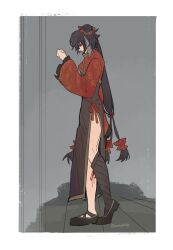 1girl baconepibaby black_dress black_hair border chinese_clothes double_bun dress full_body grey_background hair_bun highres jia_xichun_(project_moon) limbus_company long_hair long_sleeves looking_down multicolored_hair pink_eyes project_moon red_ribbon red_shrug ribbon side_slit simple_background single_sock socks solo standing streaked_hair twintails very_long_hair white_border white_hair
