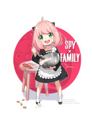1girl absurdres ahoge anya_(spy_x_family) apron bag blush bowl child cone_hair_bun copyright_name dress flats food food_on_face frilled_apron frills full_body green_eyes hair_bun highres holding holding_bowl holding_whisk looking_at_viewer nana_mikoto open_mouth peanut plastic_bag short_hair smile socks solo sparkle spy_x_family strap_slip table whisk wrapper