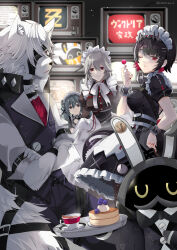 1boy 3girls alexandrina_sebastiane animal_ears bangboo_(zenless_zone_zero) black_hair blush candy collared_vest colored_inner_hair corin_wickes crossed_arms ellen_joe fins fish_tail food frilled_wristband green_eyes grey_hair hair_between_eyes hairband highres holding holding_candy holding_food holding_lollipop komesiwo_syumi lollipop long_hair maid maid_headdress metal_hairband mole mole_under_eye multicolored_hair multiple_girls muzzle_(mask) one_eye_closed red_eyes screw_hair_ornament shark_girl shark_tail smile spiked_headband tail twintails vest von_lycaon white_fur wolf_boy wolf_ears wolf_tail zenless_zone_zero