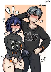 artist_name artist_request belle_(zenless_zone_zero) blue_hair blush breasts brother_and_sister disheveled green_eyes grey_hair implied_after_sex implied_incest large_breasts saliva siblings sweat tagme wise_(zenless_zone_zero)