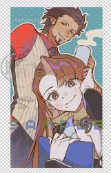 1boy 1girl ace_attorney artist_name breasts brown_eyes brown_hair cleavage closed_mouth coffee_mug commentary_request cup diego_armando godot_(ace_attorney) holding holding_cup holding_notebook large_breasts long_hair male_focus mia_fey miying_(ho_ru03_15) mole mole_under_mouth mug notebook phoenix_wright:_ace_attorney_-_trials_and_tribulations sample_watermark short_hair smile steam twitter_username watermark