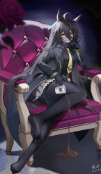 1girl a_shui absurdres ahoge artist_name barefoot black_gloves black_pantyhose black_shirt black_skirt breasts cat chair choker coffee collared_shirt cup dated ear_tag earrings gloves hand_up highres holding holding_cup jewelry long_sleeves manhattan_cafe_(umamusume) multicolored_hair multiple_girls necktie orange_choker pantyhose pleated_skirt shirt signature single_earring skirt small_breasts solo spill spilling umamusume white_hair yellow_necktie