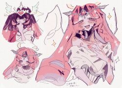 1girl angel angel_wings breasts cleavage colored_skin cookie_run cookie_run:_kingdom demon_girl dress eternal_sugar_cookie halo lips long_hair medium_breasts nenkin_100_man pink_hair pink_skin solo very_long_hair white_dress wings