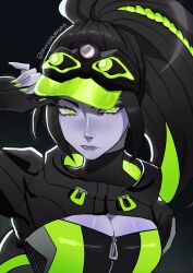 absurdres black_hair black_visor breasts cleavage cleavage_cutout clothing_cutout colored_skin freckles green_eyes green_nails hand_up high_ponytail highres hood hood_down masshumaro nail_polish overwatch ponytail purple_lips purple_skin visor_cap widowmaker_(overwatch) zipper
