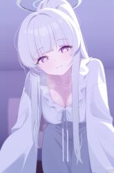 1girl blue_archive blunt_bangs blurry blurry_background breasts breath cleavage closed_mouth deyui halo heart heart-shaped_pupils highres indoors large_breasts leaning_forward long_hair long_sidelocks long_sleeves looking_at_viewer mechanical_halo nightgown noa_(blue_archive) noa_(pajamas)_(blue_archive) official_alternate_costume pajamas ponytail purple_eyes sidelocks sleepwear smile solo symbol-shaped_pupils white_hair white_halo white_nightgown