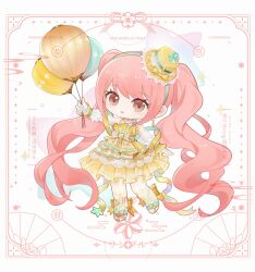 1girl :o absurdly_long_hair ankle_bow ankle_ribbon aqua_bow aqua_hairband aqua_ribbon argyle_bow balloon bare_shoulders bow brown_eyes chibi chinese_commentary choker commentary_request commission dance_till_dawn_(infinity_nikki) dot_nose dress eyelashes footwear_bow frilled_dress frilled_headwear frilled_wrist_cuffs frills gloves hairband hat hat_bow highres holding holding_balloon infinity_nikki knees light_blush long_hair looking_at_viewer mini_hat mini_top_hat moyu_moyo neck_ribbon nikki_(nikki) nikki_(series) official_alternate_color open_mouth pantyhose pink_hair ribbon sample_watermark see-through_pantyhose shoes short_dress single_stripe solo sparkle star_(symbol) strapless strapless_dress striped_ribbon swept_bangs tareme too_many_watermarks top_hat two-sided_ribbon two-tone_wrist_cuffs very_long_hair waist_bow watermark wavy_hair white_background white_gloves white_ribbon white_shoes white_wrist_cuffs wrist_cuffs yellow_bow yellow_choker yellow_dress yellow_hat yellow_pantyhose yellow_ribbon yellow_wrist_cuffs