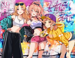 3girls ;d absurdres armpits bare_legs baseball_cap black_choker black_pants blonde_hair blush bracelet choker collarbone commentary_request commission cropped_shirt cross cross_necklace denim denim_skirt dolphin_shorts earrings eyewear_on_head feet_out_of_frame graffiti green_jacket hair_ornament hair_scrunchie hand_on_own_hip hat heart heart_choker heart_o-ring highres hood hoodie idolmaster idolmaster_cinderella_girls jacket jacket_partially_removed jewelry jougasaki_mika kiryu_tsukasa_(idolmaster) komatsu_ibuki leaning_forward looking_at_viewer midriff multiple_girls navel necklace o-ring o-ring_thigh_strap one_eye_closed open_clothes open_jacket open_mouth orange_hair pants pink_hair ponytail popon_ta red_shorts scrunchie shirt short_shorts short_twintails shorts signature skirt sleeveless sleeveless_shirt smile sports_bra sunglasses thigh_strap twintails w yellow_hoodie