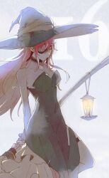 1girl alternate_costume bare_shoulders black_choker black_dress black_hat broom choker commentary_request covered_navel dress eyepatch hat highres holding holding_broom hwa_ryun large_hat long_hair one_eye_covered red_hair simple_background solo strapless strapless_dress tanino_miho tower_of_god twitter_username white_background witch witch_hat yellow_eyes