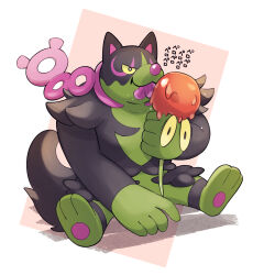 1other colored_sclera dipplin full_body furry highres kinoshita_jiroh licking nintendo okidogi other_focus pokemon pokemon_(creature) simple_background sitting translation_request white_background yellow_sclera