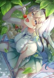 1girl absurdres blush collared_shirt falling_leaves firefly_(honkai:_star_rail) food fruit gradient_hair green_pupils hair_between_eyes hair_intakes hair_ornament hairband highres holding holding_food holding_fruit honkai:_star_rail honkai_(series) leaf long_hair memeiradesuyo multicolored_eyes multicolored_hair open_mouth picnic picnic_basket shirt solo teeth tomato tongue tongue_out upper_teeth_only white_shirt