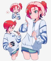 1girl absurdres amate_yuzuriha aqua_eyes blush_stickers commentary_request cropped_legs cup dolphin_shorts eating gundam gundam_gquuuuuux heart highres holding holding_cup long_sleeves mug multiple_views ponytail red_hair short_hair shorts simple_background spoken_heart spoon sweater toothbrush towel white_background ymmmkome