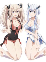 Rule 34 | 2girls, :d, anime coloring, barefoot, blue eyes, blush, breasts, closed mouth, hair ornament, highres, jackielaw511, kneeling, knees together feet apart, large breasts, legs apart, long hair, looking at viewer, maou gakuin no futekigousha, misha necron, multiple girls, one-piece swimsuit, open mouth, purple eyes, sasha necron, short hair, siblings, simple background, sisters, smile, swimsuit, toenails, toes, twins, twintails, white background, white hair