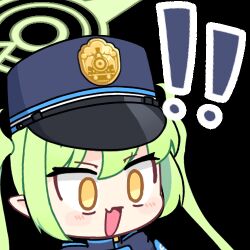 ! !! 1girl :d acomu414 animated animated_gif bad_source black_hat black_jacket blue_archive buttons chibi commentary double-breasted fang flapping_ears green_hair green_halo halo hat jacket long_hair lowres nozomi_(blue_archive) open_mouth peaked_cap pointy_ears skin_fang smile solo surprised symbol-only_commentary train_conductor transparent_background twintails upper_body yellow_eyes