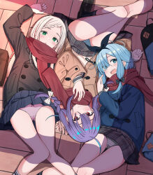 3girls absurdres aqua_eyes arm_at_side arm_up asymmetrical_bangs backpack bag bare_legs black_bow black_coat black_hairband black_shoes black_socks blonde_hair blue_coat blue_hair blue_panties blue_skirt blunt_ends blush bow bow_hairband bow_panties braid braided_bangs bright_pupils brown_coat brown_sweater cameltoe closed_mouth clothes_lift coat commentary_request crotch_seam day diagonal-striped_bow duffel_coat eyes_visible_through_hair feet_out_of_frame foot_out_of_frame from_above green_eyes grey_panties grey_skirt hair_bow hair_over_one_eye hairband highres indoors knee_up light_smile loafers long_bangs long_hair long_sidelocks long_sleeves looking_at_viewer low-tied_sidelocks lying multicolored_hair multiple_girls on_back on_floor open_mouth orange_eyes original panties pantyshot parted_lips peacoat pink_hair pink_panties plaid_clothes plaid_skirt pleated_skirt polka_dot polka_dot_bow polka_dot_panties purple_hair purple_pupils red_scarf scarf school_bag school_uniform shoes side_braid sidelocks skirt skirt_lift smile socks striped_clothes striped_panties sunlight sweater teeth tile_floor tiles underwear upper_teeth_only urushiushiru variant_set white_pupils white_socks window_shadow