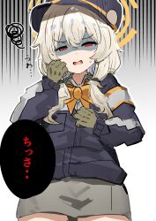 1girl aoba_(blue_archive) armband black_hat blue_archive blue_hat bow_camisole camisole disgust fluffy_hair halo hat highres looking_at_viewer newsboy_cap orange_halo red_eyes solo speech_bubble the_olphy train_conductor translation_request yellow_armband