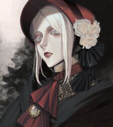 1girl ascot bloodborne bonnet brooch closed_mouth colored_eyelashes colored_skin flower frills gem grey_eyes hair_flower hair_ornament high_collar jewelry no_eyebrows parted_bangs plain_doll portrait red_ascot red_lips shawl sidelocks simple_background solo user_sges8727 white_eyelashes white_hair white_skin