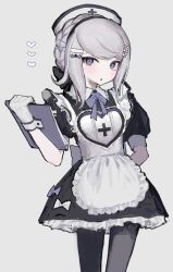 1girl alternate_costume apron arm_behind_back black_dress black_pantyhose blush clipboard commentary_request dress furifurifurill gloves grey_background grey_hair hair_ornament hairclip hat highres holding holding_clipboard kirifuji_nozomi looking_at_viewer maid nurse pantyhose parted_lips puffy_short_sleeves puffy_sleeves purple_eyes short_sleeves simple_background solo the_hundred_line_-last_defense_academy- white_apron white_dress white_gloves