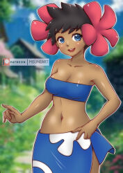 1girl bikini black_hair blue_bikini blue_eyes blue_sarong blush breasts cleavage cloud collarbone creatures_(company) dark_skin floral_print flower game_freak grass hair_flower hair_ornament hand_on_own_hip house index_finger_raised looking_at_viewer medium_breasts misune_art navel nintendo open_mouth phoebe_(pokemon) poke_ball_print poke_ball_symbol pokemon pokemon_rse print_sarong sarong short_hair sky smile standing strapless strapless_bikini swimsuit teeth tree