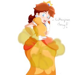 ass blue_eyes blush brown_hair crown dirty dress fart flower highres looking_back looking_down mario_(series) nintendo open_mouth pantylines princess princess_daisy repulsiveproto smell smile smell super_mario_land tomboy yellow_dress