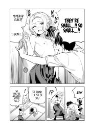 1boy 1girl absurdres bare_shoulders black_hair black_pantyhose blush bow bra breasts collarbone decensored denim dot_nose embarrassed english_text flat_chest hair_bow hair_bun highres hiroyuki jeans kanojo_mo_kanojo kiryuu_shino kneeling long_hair long_skirt manga_page micro_bra midriff mukai_naoya nervous nipples nude official_art one_eye_closed open_mouth pants pantyhose shirt short_hair short_sleeves shy single_hair_bun skirt small_breasts stomach sweat sweatdrop teeth third-party_edit uncensored underwear upper_teeth_only