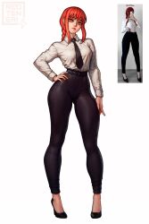 black_necktie black_pants braid braided_ponytail chainsaw_man formal_clothes hand_on_own_hip high-waist_pants high_heels highres makima_(chainsaw_man) necktie pants photo_inset red_hair redteneri reference_inset reference_photo ringed_eyes shirt_tucked_in simple_background