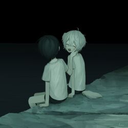 2boys animal_ears black_hair black_shorts child closed_eyes dark dog_boy dog_ears dog_tail floppy_ears fuvin hair_between_eyes hand_on_another&#039;s_face highres horizon multiple_boys night open_mouth original outdoors pier shirt short_hair short_sleeves shorts signature sitting t-shirt tail water white_hair white_shirt