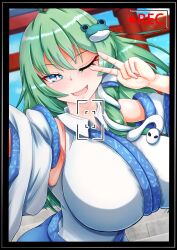 ;d absurdres blue_eyes breasts detached_sleeves dollyspica frog_hair_ornament green_hair hair_ornament hair_tubes highres huge_breasts kochiya_sanae nontraditional_miko one_eye_closed open_mouth selfie shirt single_hair_tube smile snake_hair_ornament torii touhou v viewfinder white_shirt