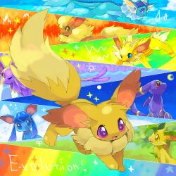 Rule 34 | &gt;:), :3, animal focus, blue eyes, choko (sweetpocket), closed eyes, commentary request, creature, creature focus, crescent moon, day, eevee, espeon, flareon, forehead jewel, forest, gen 1 pokemon, gen 2 pokemon, gen 4 pokemon, glaceon, happy, jolteon, leafeon, looking at viewer, looking to the side, looking up, moon, nature, night, nintendo, no humans, open mouth, outdoors, pokemon, pokemon (creature), purple eyes, rainbow, rainbow background, red eyes, smile, snow, sparkle, star (symbol), sun, tree, umbreon, v-shaped eyebrows, vaporeon