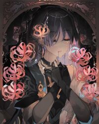 Rule 34 | 1boy, armor, bead band, black bodysuit, black bridal gauntlets, black cape, black hair, black nails, blood, blood from mouth, blue kimono, blue sleeves, blunt ends, bodysuit, border, bridal gauntlets, cape, closed eyes, covered collarbone, crying, crying with eyes open, eyelashes, eyeliner, eyeshadow, facing to the side, flower, genshin impact, grey trim, han&#039;eri, hands on own neck, highres, ichigoh, japanese armor, japanese clothes, kimono, kote, kurokote, layered kimono, layered sleeves, makeup, male focus, mandarin collar, middle ring, open clothes, open kimono, ornate border, parted lips, red eyeliner, red eyeshadow, red flower, scaramouche (genshin impact), short sleeves, shoulder peek, solo, spider lily, tears, upper body, wanderer (genshin impact), white kimono, white mouth, white sleeves