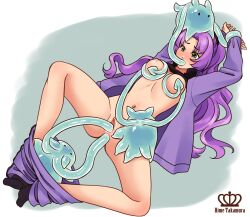1girl anal arms_up artist_name black_skirt black_socks bound bound_wrists breasts clitoris commission commissioner_upload green_eyes hime_takamura jacket long_hair lying nipple_stimulation nipples on_back oral pants pants_around_ankles ponytail purple_hair purple_jacket purple_pants pussy shirt sitting sitting_on_head sitting_on_person skirt socks tentacles track_suit triple_penetration vaginal watermark