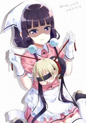 1boy 1girl :d absurdres apron bdsm black_apron black_footwear black_pants blend_s blindfold blood blunt_bangs blush bondage bound brown_footwear chibi collared_shirt commentary_request copyright_name dino_(blend_s) frilled_apron frills gloves hair_between_eyes hair_ornament headscarf heart highres light_brown_hair long_hair low_twintails neki_(wakiko) nosebleed open_mouth pants parted_lips pink_shirt pink_skirt polka_dot polka_dot_background puffy_short_sleeves puffy_sleeves purple_eyes purple_hair restrained sakuranomiya_maika shaded_face shirt shoes short_sleeves sitting skirt smile stile_uniform thighhighs twintails twitter_username very_long_hair waist_apron waitress wariza white_apron white_background white_gloves white_headscarf white_thighhighs