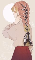 Rule 34 | 1girl, alternate hairstyle, arm at side, braid, braided ponytail, closed eyes, closed mouth, contemporary, cowboy shot, earrings, french braided ponytail, from behind, green hair, grey background, hair ribbon, hand up, jewelry, kanroji mitsuri, kimetsu no yaiba, long hair, long sleeves, mole, mole under eye, multicolored hair, pink hair, red skirt, ribbon, ribbon braid, sidelocks, single braid, skirt, smile, solo, striped ribbon, sunn lo, sweater, tassel, turtleneck, turtleneck sweater, two-tone hair