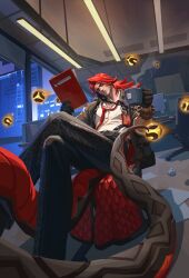 1boy absurdres artist_request black_coat black_gloves black_pants book coat corded_phone crossed_legs cup dislyte gloves highres holding holding_book holding_cup male_focus necktie non-web_source official_art pants phone red_hair red_necktie shirt snake_boy snake_tail steam tail talking_on_phone tea white_shirt zhou_hong_(gonggong)_(dislyte)
