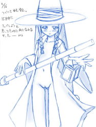1girl ayase_yue blush book bottomless braid collarbone hat jacket long_hair long_sleeves looking_down mahou_sensei_negima! monochrome navel nude open_clothes open_jacket open_mouth orz_(orz57) pussy staff standing witch witch_hat