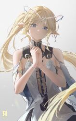 1girl absurdres alternate_hairstyle artist_logo bare_shoulders black_collar blonde_hair blue_eyes cartethyia_(wuthering_waves) closed_mouth collar crown_of_thorns cryne earrings highres jewelry logo long_hair looking_at_viewer making-of_available own_hands_clasped own_hands_together pointy_ears ponytail simple_background smile solo tabard tacet_mark_(wuthering_waves) upper_body very_long_hair white_background white_tabard wuthering_waves