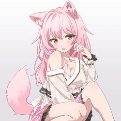 1girl animal_ears bare_shoulders breasts fox_ears fox_girl fox_tail hanbok kitsune_ga_boku_wo_matteiru korean_clothes long_hair long_sleeves looking_at_viewer moya_(toatomoot) off_shoulder pink_hair pink_skirt shua_(kitsune_ga_boku_wo_matteiru) skirt smile solo tail third-party_source tongue tongue_out