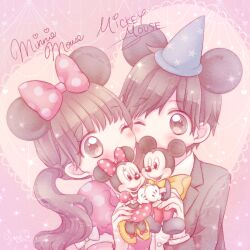 1boy 1girl animal_ears bow character_doll couple doll dress dual_persona gloves hair_bow humanization long_hair looking_at_viewer mickey_mouse mickey_mouse_&amp;_friends mickey_mouse_ears mind_08 minnie_mouse minnie_mouse_ears mouse_ears open_mouth shirt short_hair smile white_gloves