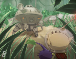 Rule 34 | 1boy, backpack, bag, blurry, blurry background, brown hair, colored skin, commentary request, countdown, from behind, grass, helmet, leaf, male focus, mini person, miniboy, naru (wish field), nintendo, olimar, outdoors, pikmin (creature), pikmin (series), pikmin 3, plant, pointy ears, purple hair, purple pikmin, purple skin, radio antenna, red bag, red light, s.s. drake, shadow, short hair, space helmet, spacecraft, spacesuit, very short hair, vines