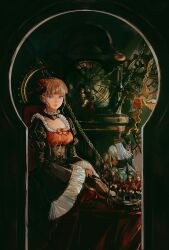 1girl analog_clock ashashio asmodeus_(umineko) beatrice_(umineko) beelzebub_(umineko) belphegor_(umineko) black_dress blonde_hair blue_eyes clock commentary dress english_commentary flower frilled_dress frills hair_flower hair_ornament highres holding holding_flower keyhole leviathan_(umineko) looking_at_viewer lucifer_(umineko) mammon_(umineko) red_flower red_rose ronove_(umineko) rose satan_(umineko) solo stakes_of_purgatory umineko_no_naku_koro_ni virgilia_(umineko)