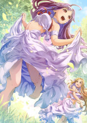 2girls absurdres armpits asuna_(sao) bare_legs bare_shoulders barefoot braid breasts brown_eyes brown_hair dress elf feet female_focus french_braid hairband highres huge_filesize long_hair long_skirt medium_breasts multiple_girls oboro_neko open_mouth outdoors pointy_ears purple_hair red_eyes skirt sleeveless sleeveless_dress sword_art_online titania_(sao) white_dress white_skirt yuuki_(sao)