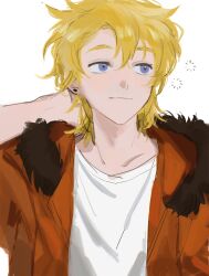 Rule 34 | 1boy, aged up, animification, arm up, blonde hair, blue eyes, chinese commentary, chunai tuju, closed mouth, commentary request, ear piercing, fur-trimmed hood, fur trim, hair between eyes, highres, hood, hooded jacket, jacket, kenny mccormick, long sleeves, looking to the side, male focus, open clothes, open jacket, orange jacket, piercing, shirt, short hair, simple background, smile, solo, south park, t-shirt, upper body, white background, white shirt