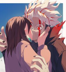 1boy 1girl absurdres ayase_momo black_jacket black_nails blush brown_hair commentary dandadan earrings facial_mark gakuran glasses glint hand_on_another&#039;s_cheek hand_on_another&#039;s_face highres jacket jewelry kiss long_sleeves looking_at_another multicolored_hair outside_border pink_sweater red_eyes red_hair round_eyewear school_uniform short_hair surprise_kiss surprised sweater takakura_ken_(dandadan) takakura_ken_(transformed)_(dandadan) transformation twitter_username two-tone_hair upper_body white_hair zoom_ret