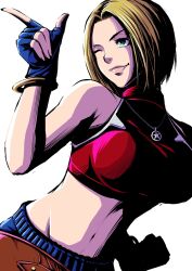 1girl blonde_hair blue_mary breasts clenched_hand denim fatal_fury fingerless_gloves gloves green_eyes highres index_finger_raised jeans large_breasts legs midriff navel one_eye_closed pants pink_lips short_hair smile snk the_king_of_fighters the_king_of_fighters_xv thighs wink