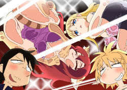 1boy 3girls against_glass animal_ears bike_shorts blonde_hair blue_eyes blush breast_press breasts breasts_on_glass cat_ears cat_girl cat_tail character_request copyright_request foot_on_glass from_behind glass_floor grin highres large_breasts long_hair multiple_girls pointy_ears pp_bj red_hair short_hair smile tail